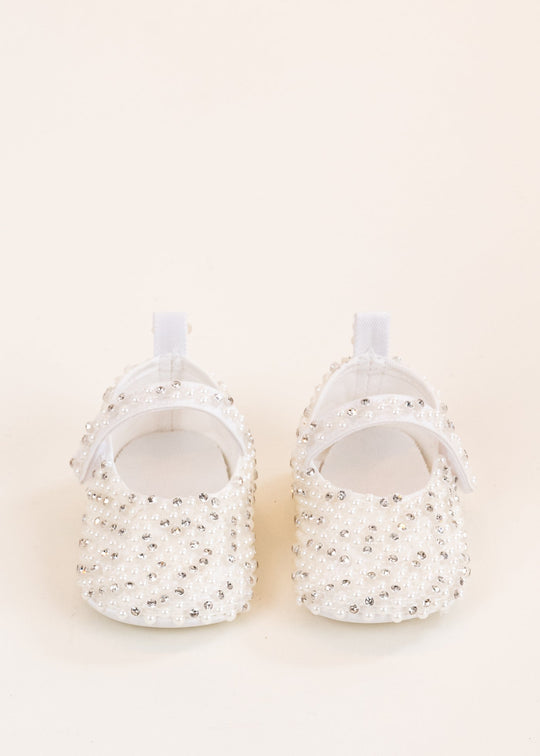 Cream Satin Ballet Flats With Tulle Bow And Rhinestones