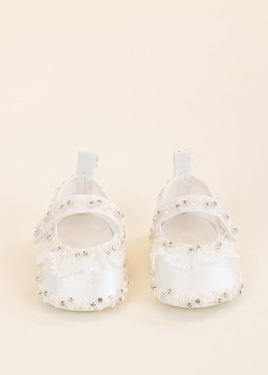 Balerini din Satin Crem cu Perle si Dantela pentru Fetite – AnneBebe