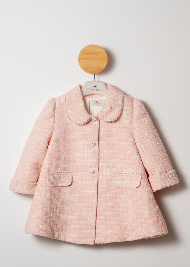 Palton Fete Elegant Stofa Roz Cu Perle AnneBebe