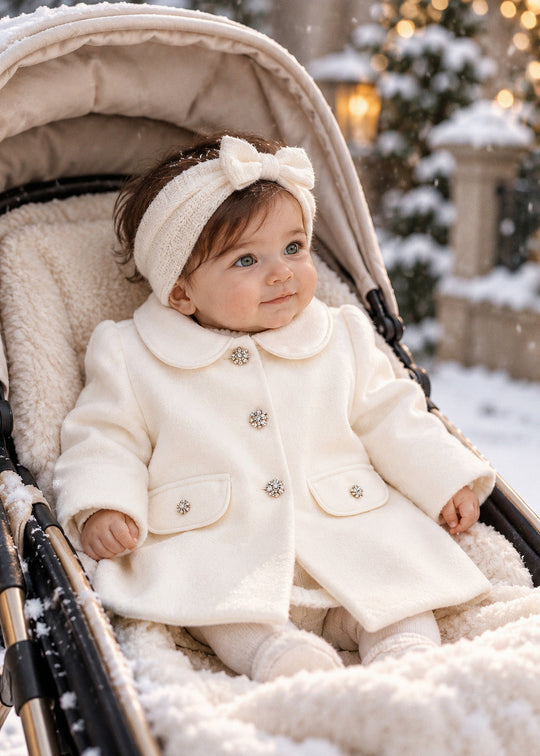 Palton din Stofa Crem Model „A” cu Nasturi cu Pietricele pentru Fetite – AnneBebe