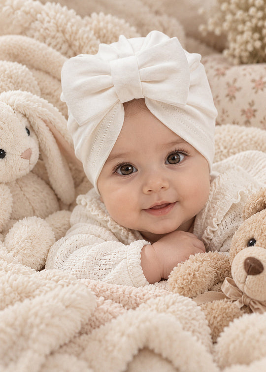 Turban Tricotat Crem pentru Botez – AnneBebe