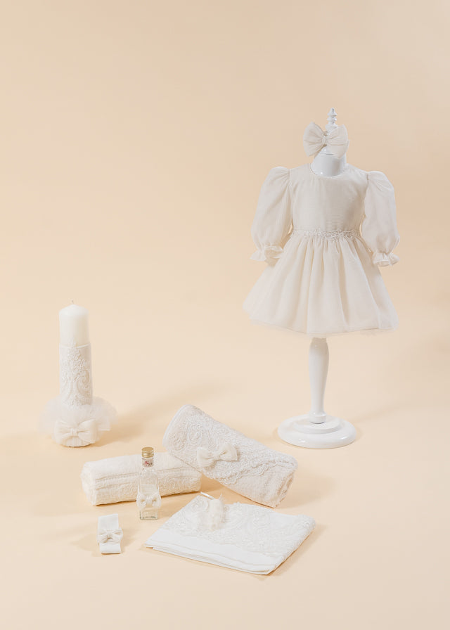 Klara 3 Piece Baptism Set, Dress, Trouser and Candle Personalized Baptism AnneBebe
