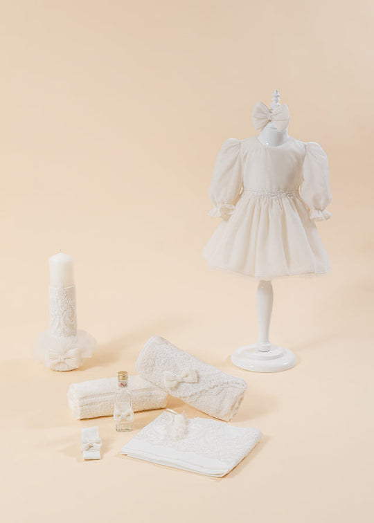 Klara 3 Piece Baptism Set, Dress, Trouser and Candle Personalized Baptism AnneBebe