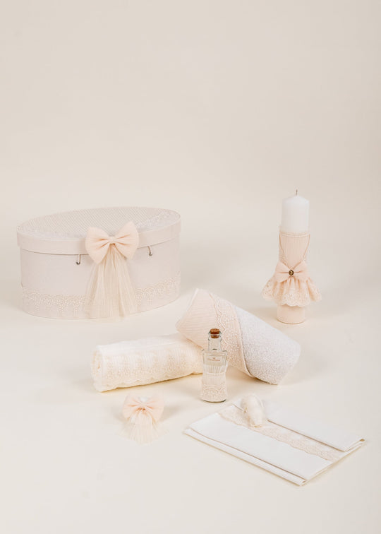 Set Botez Amelia 3 Piese, Lumanare, Trusou si Cufar Personalizat Botez AnneBebe