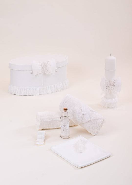 Set Botez Chantelle 3 Piese, Lumanare, Trusou si Cufar Personalizat Botez AnneBebe