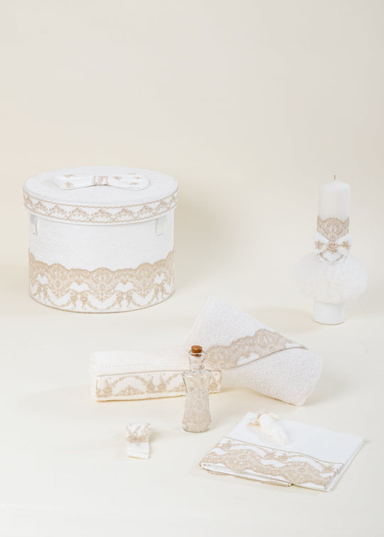 Set Botez Erica 3 Piese, Lumanare, Trusou si Cufar Personalizat Botez AnneBebe