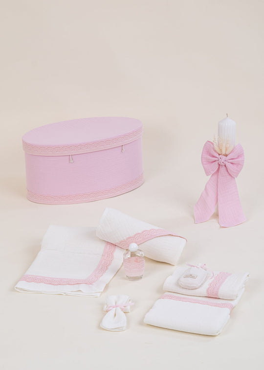 Set de Botez Roz cu Trusou, Lumanare si Cufar pentru Fetite – AnneBebe