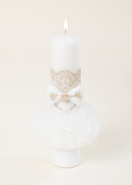 Erica Cream Ball Candle with Golden Lace Twig Pattern and Crystal Embellishment