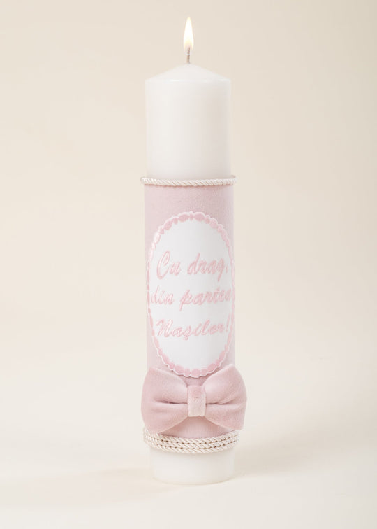Pink Velvet Candle With Cord And Embroidery "With Love From The Godparents"