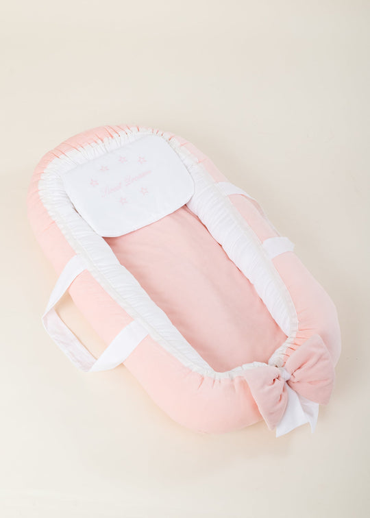 Baby Nest Plus Light Pink with White and Pillow with Embroidered Pink Stars