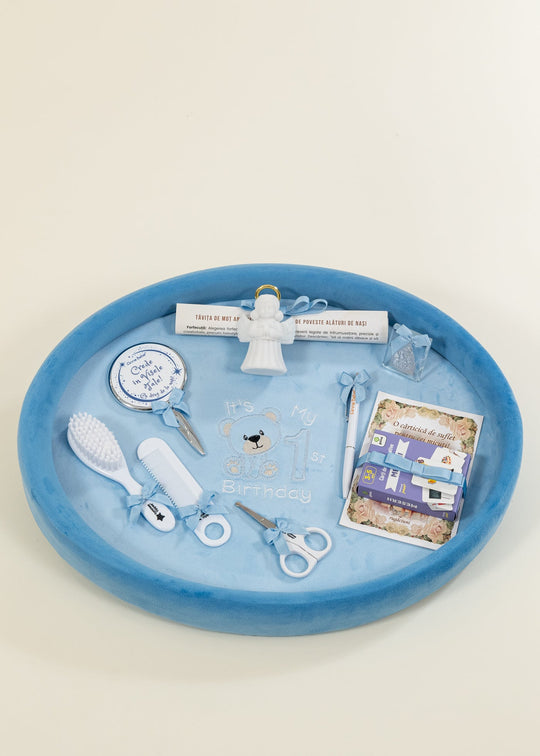 Tavita Mot 1 Birthday Catifea Albastru Regal + Broderie AnneBebe