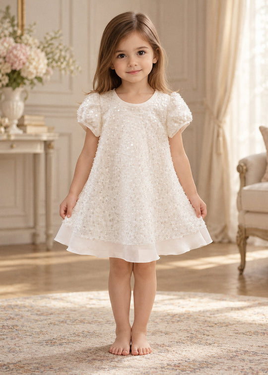Rochita Eleganta cu Paiete Argintii si Funda din Organza pentru Fete – AnneBebe