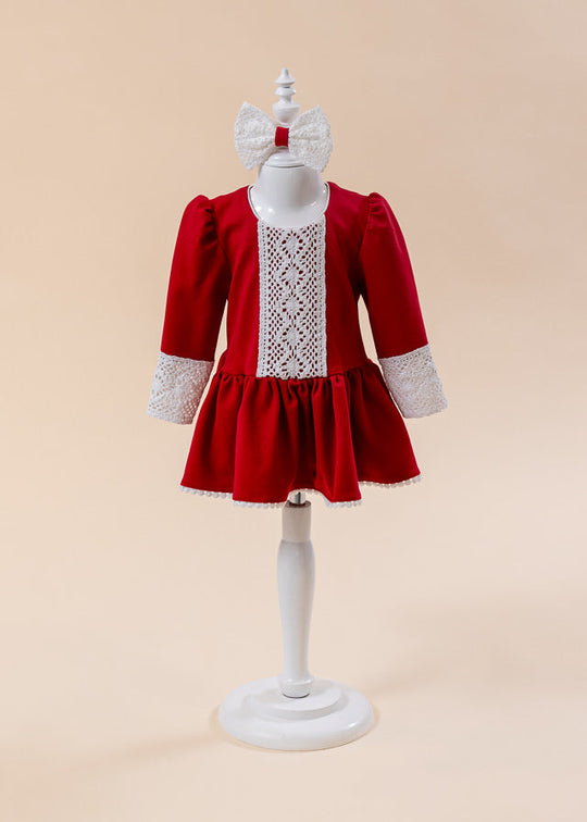 Red Dress With White Lace On The Chest And Sleeves AnneBebe