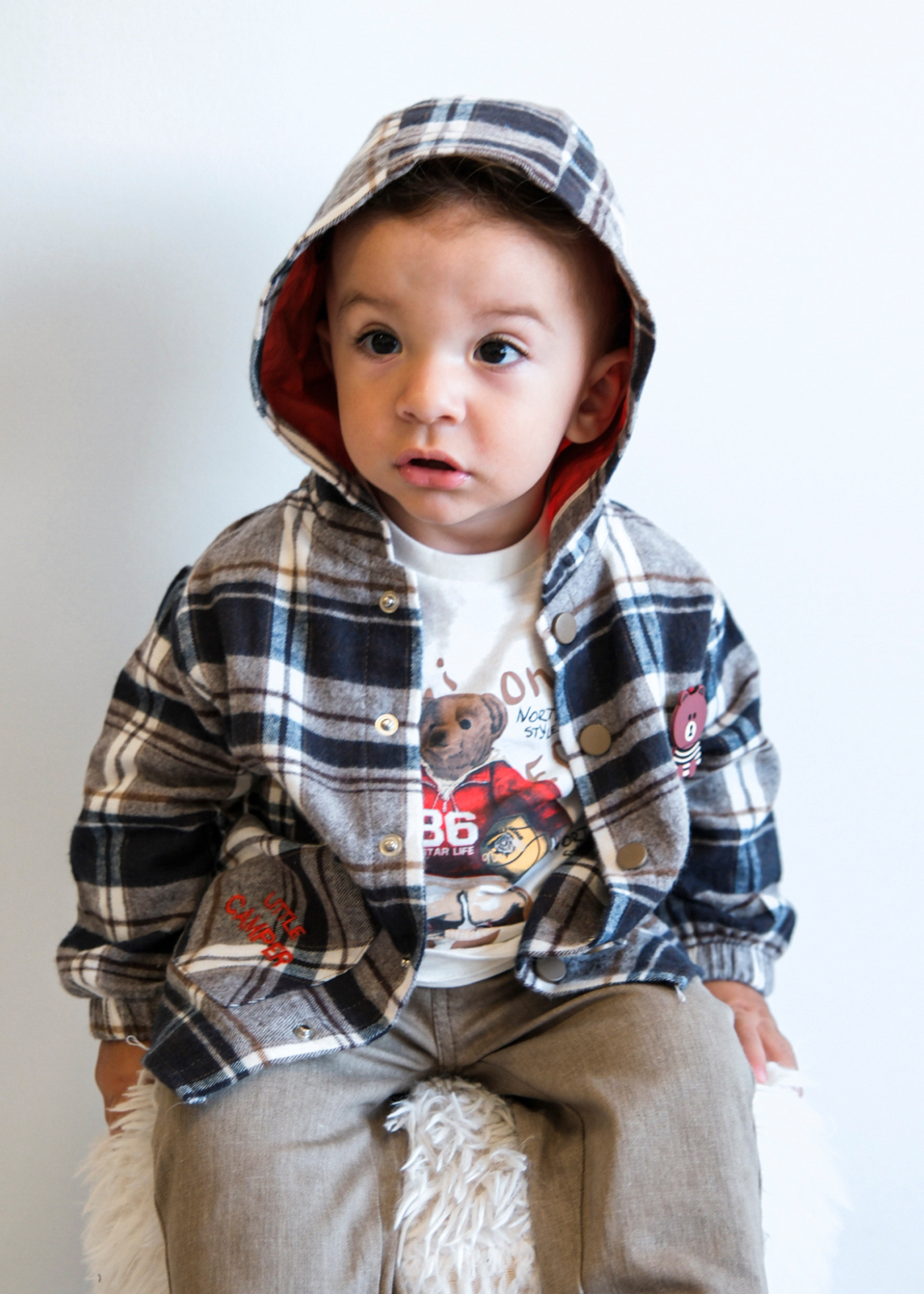 Set 3 Piese Camasa Stofa Carouri Bleumarin cu Bej, Pantaloni Lungi Bej si Bluza Crem 3744 Mino Baby