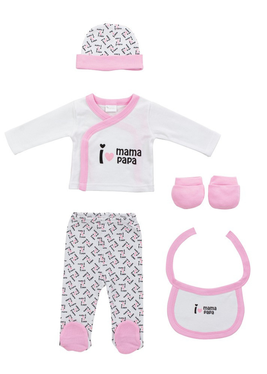 Set Nou Nascut 5 Piese Alb-Roz Mama-Papa SET23 Interbaby