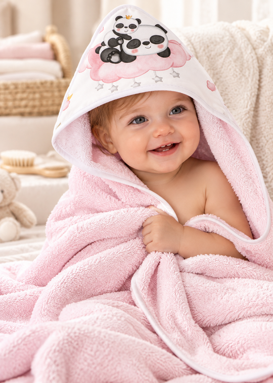 Hooded Towel 100x100 cm Pink with Panda Bears D1226 Don Algodon