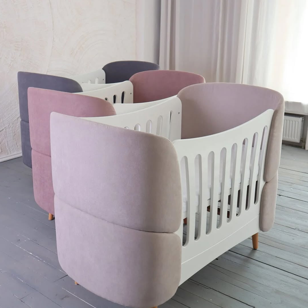 Premium Oval Convertible Crib 6 in 1 Fly White with Padded Velvet Headboards Ingvart 