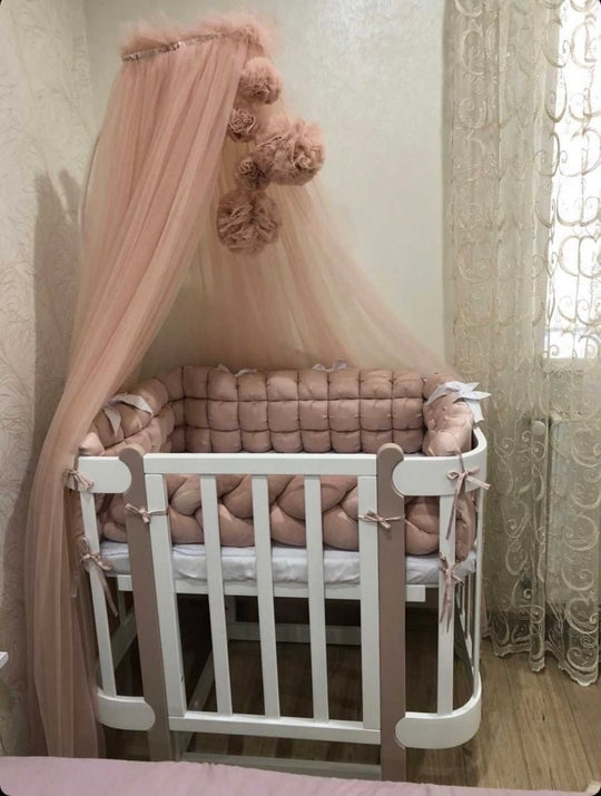 Baldachin Patut cu Suport inclus din Lemn cu 4 Pampoane Crem – Bej inchis