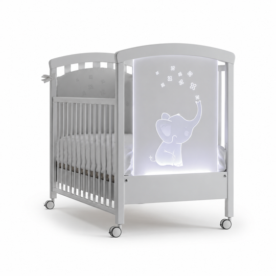 Pătuț Bebe din Lemn Elly cu Lumini LED și Cromoterapie, Ajustabil cu Sertar – Erbesi