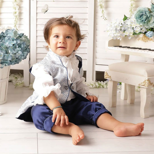 Elegant Suit Print Blue Brocard Vest With Silver Navy Blue Pants