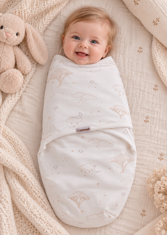 Sistem de Infasat Crem din Bumbac cu Imprimeu de Nori si Copaci pentru Bebelusi KNU2778 – Mell Sweet Baby
