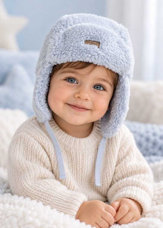 Caciula din Blanita Sherpa Bleu cu Clapete si Legaturi pentru Baieti SPE2811 – Mell Sweet Baby