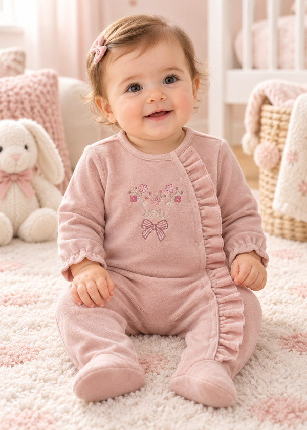 Salopeta Roz Prafuit cu Botosei, Volanase, Broderie cu Flori si Fundita pentru Fetite TK2721 – Mell Sweet Baby