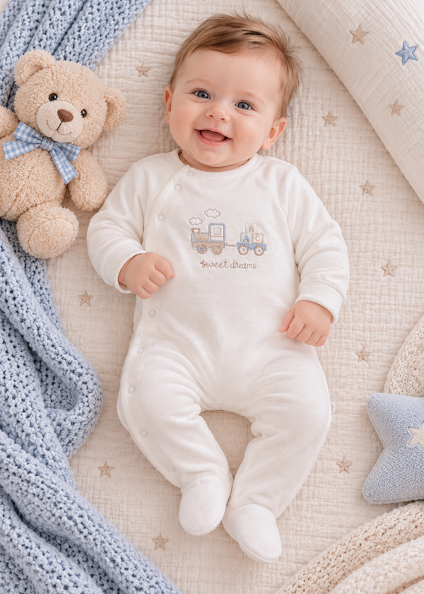 Salopeta Crem cu Botosei si Broderie cu Trenulet pentru Baieti TE2741 – Mell Sweet Baby