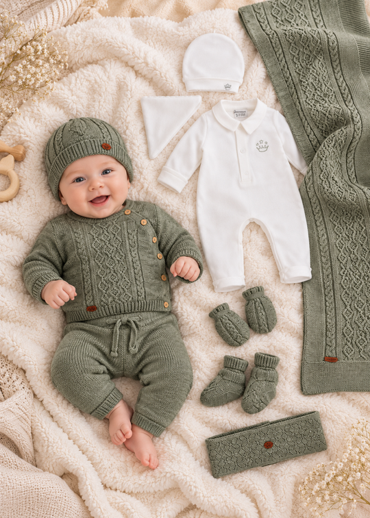 Set Maternitate 10 Piese Verde din Lana Merinos cu Cardigan, Pantaloni, Salopeta din Bumbac si Paturica pentru Baieti 3459 – Leo King