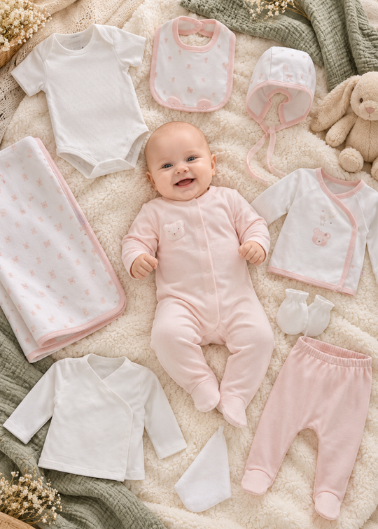 Set Maternitate 10 Piese Roz cu Imprimeu din Bumbac pentru Fetite ZK2644 – Mell Sweet Baby