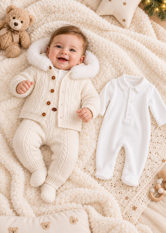 Set 3 Piese Alb din Lana Merinos cu Jacheta cu Blanita pentru Baieti 9348 – Leo King