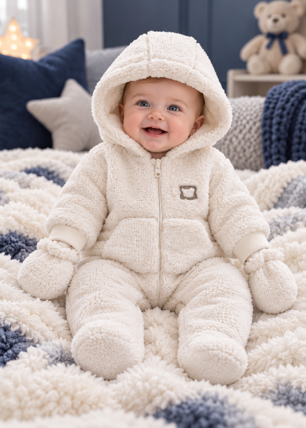 Combinezon Vatuit din Blanita Sherpa Crem cu Gluga, Buzunar si Manusi pentru Baieti TE2702 – Mell Sweet Baby