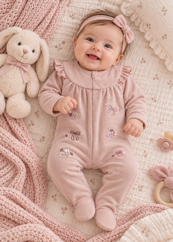 Salopeta Roz Prafuit cu Botosei, Volanase la Umeri, Broderie cu Flori si Fundite pentru Fetite TK2722 – Mell Sweet Baby
