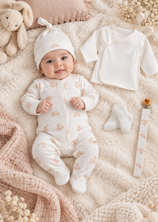 Set Maternitate 5 Piese Crem cu Imprimeu Roz, cu Salopeta, Bluza, Caciulita, Sosete si Lant Suzeta pentru Fetite ZK2546 – Mell Sweet Baby