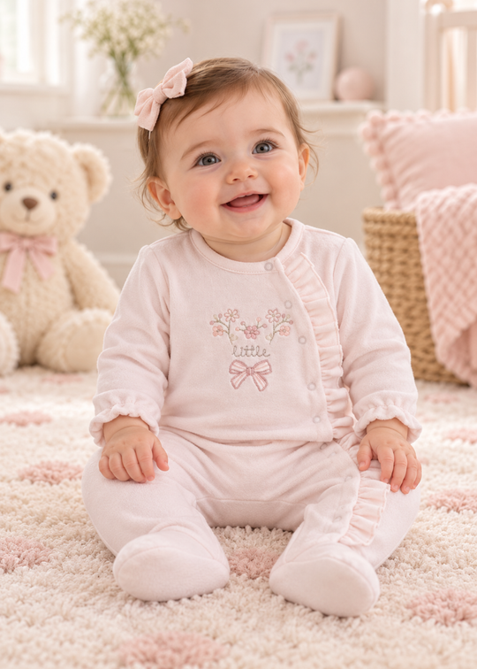 Salopeta Roz cu Botosei, Volanase, Broderie cu Flori si Fundita pentru Fetite TK2721 – Mell Sweet Baby