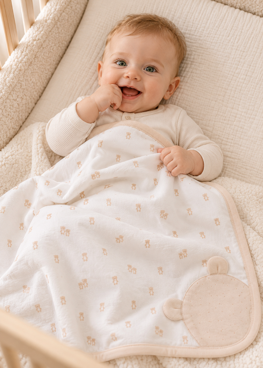 Patura Alba din Bumbac cu Imprimeu si Aplicatie Ursulet Bej pentru Baieti BTE2641 – Mell Sweet Baby