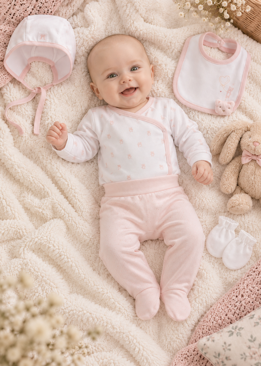 Set Maternitate 5 Piese Roz cu Bluza, Pantaloni, Caciulita, Baveta si Manusi pentru Fetite ZK2643 – Mell Sweet Baby