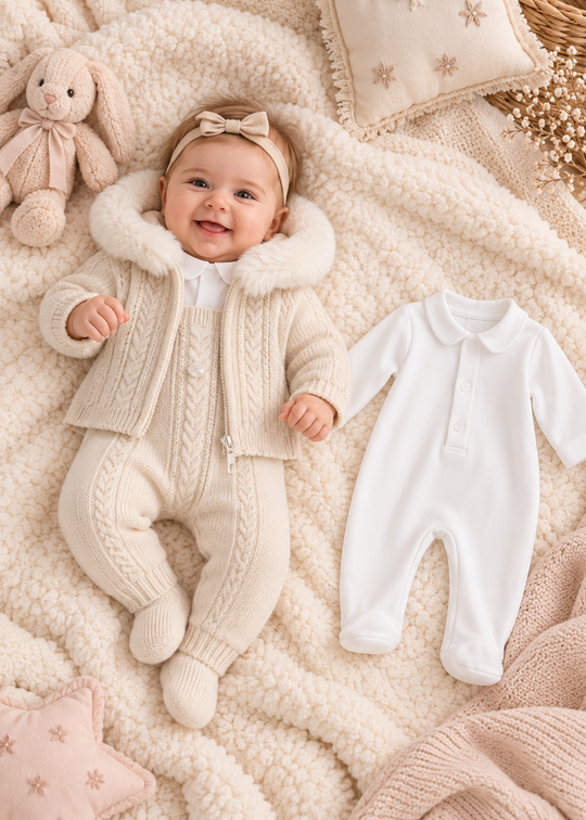 Set 3 Piese Bej din Lana Merinos cu Jacheta cu Blanita, Salopeta Lunga si Salopeta din Bumbac pentru Fetite 9343 – Leo King