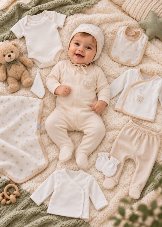 Set Maternitate 10 Piese Bej cu Imprimeu din Bumbac pentru Baieti ZE2633 – Mell Sweet Baby