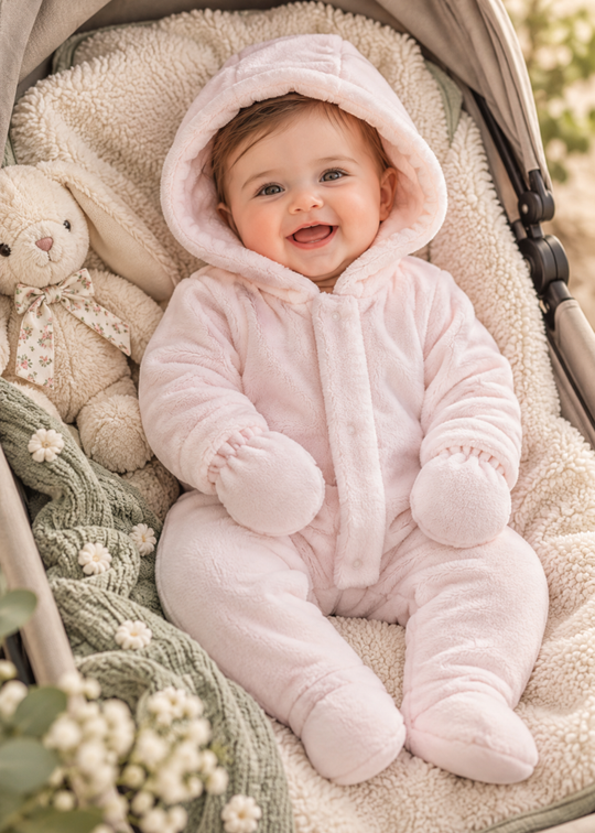 Combinezon Vatuit din Plus Roz cu Gluga si Manusi pentru Fetite TK2592 – Mell Sweet Baby