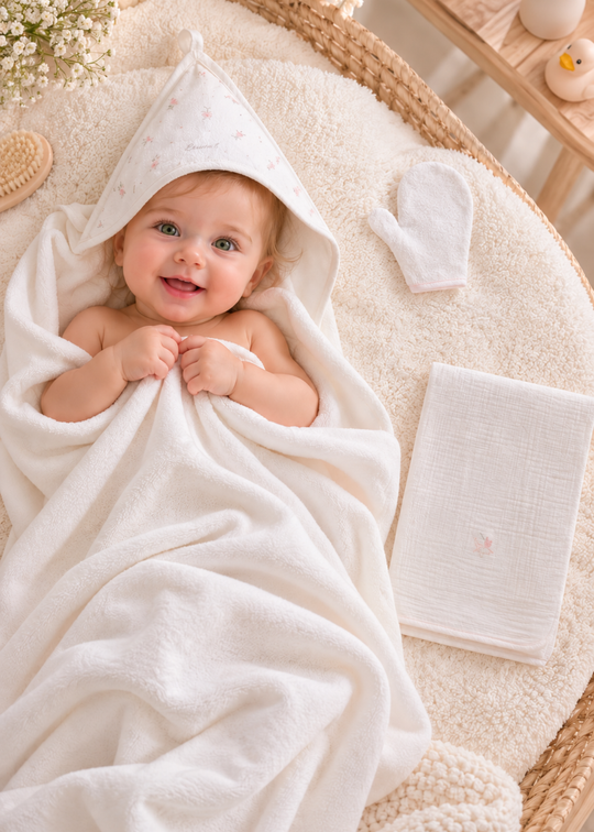 Set de Baie Roz cu Prosop cu Gluga, Manusa de Baie si Prosop din Muselina pentru Fetite HTK2548 – Mell Sweet Baby