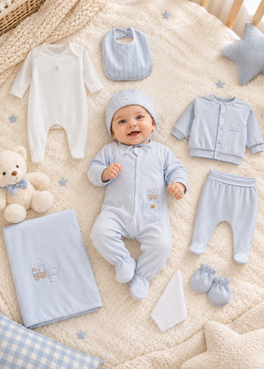 Set Maternitate 9 Piese Bleu cu Broderie pentru Baieti ZE2739 – Mell Sweet Baby