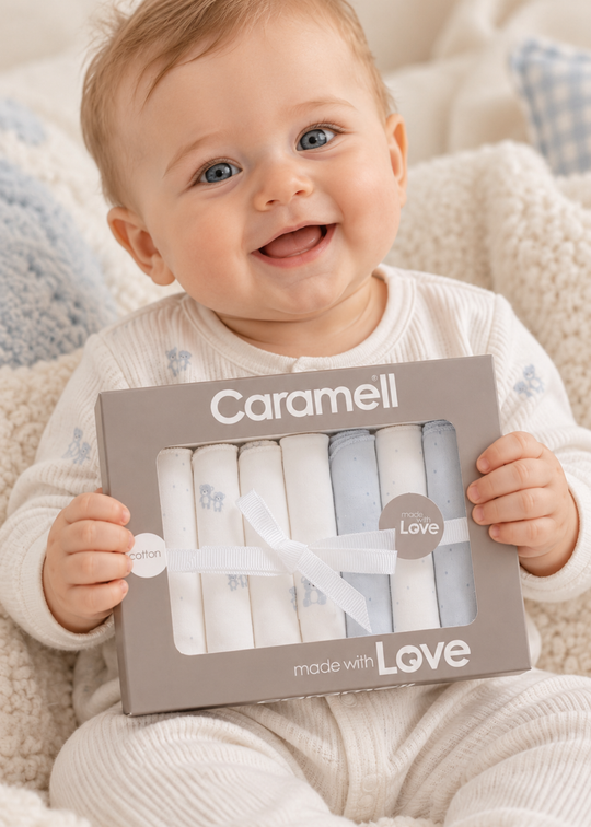 Set 7 Batiste din Bumbac Penye Albe si Bleu in Cutie pentru Bebelusi MND2642 – Mell Sweet Baby