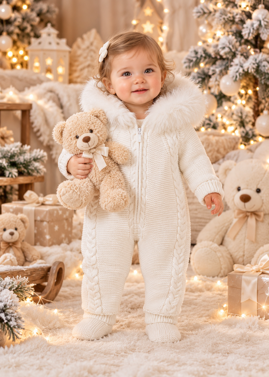 Combinezon Tricotat Ivory cu Blanita la Gluga din Lana Merinos pentru Fetite 9422 – Leo King