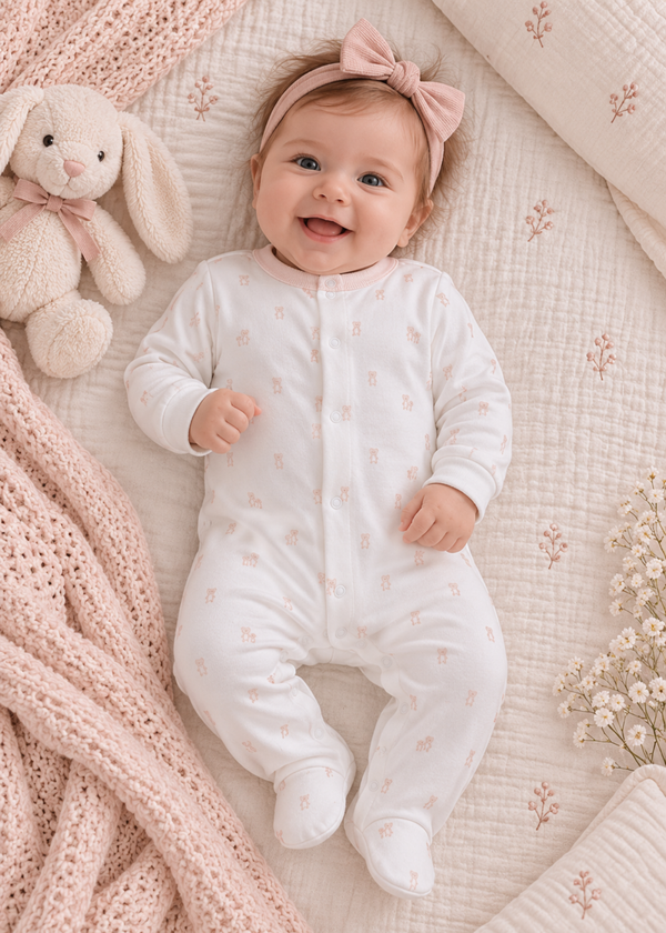 Salopeta Alba cu Imprimeu, Margini Roz si Botosei pentru Fetite TK2749 – Mell Sweet Baby