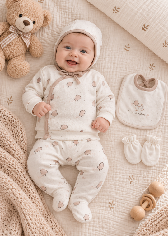 Set Maternitate 5 Piese Crem cu Imprimeu cu Scoici, cu Bluza, Pantaloni, Caciulita, Baveta si Manusi pentru Baieti ZE2765 – Mell Sweet Baby