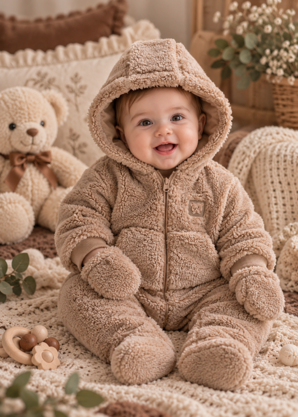 Combinezon Vatuit din Blanita Sherpa Maro cu Gluga, Buzunar si Manusi pentru Fetite TK2706 – Mell Sweet Baby