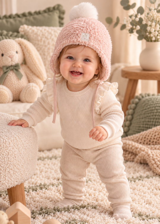 Caciula din Blanita Sherpa Somon cu Ciucure si Legaturi pentru Fetite SPK2693 – Mell Sweet Baby