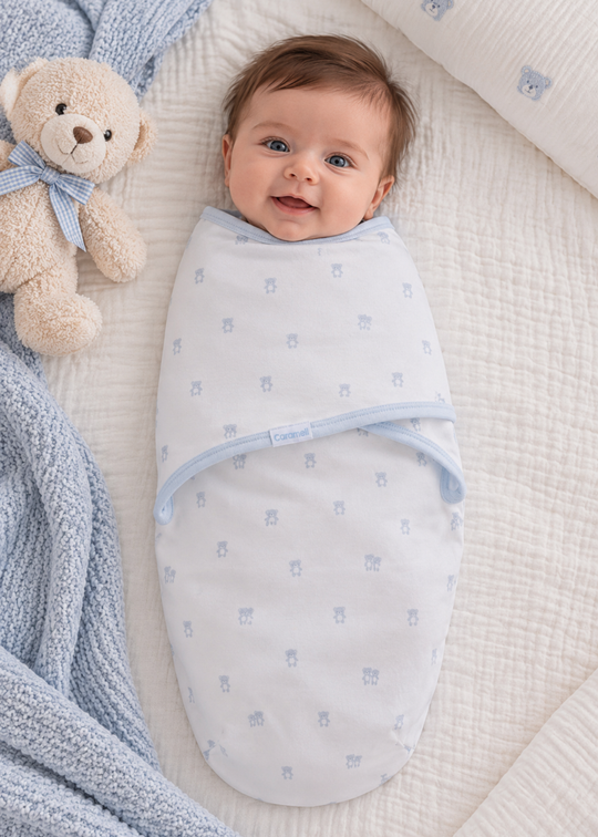 Sistem de Infasat Alb din Bumbac cu Imprimeu si Margini Bleu pentru Baieti KNE2761 – Mell Sweet Baby