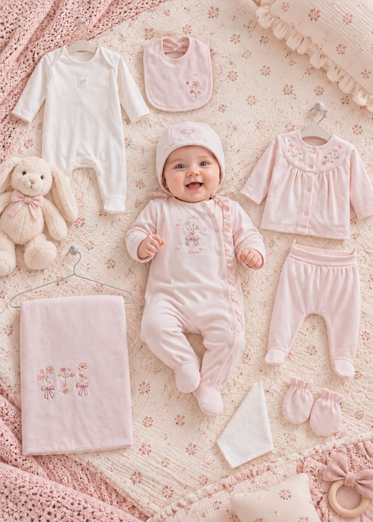 Set Maternitate 9 Piese Roz cu Volanase si Broderie pentru Fetite ZK2720 – Mell Sweet Baby
